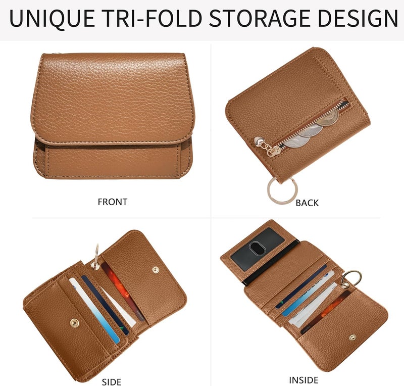 Sunpour Women Small Wallet RFID Blocking Slim Wallet with Coin Pocket Tri-Fold Credit Card Holder with ID Window and Keychain(Camel) - Image 3